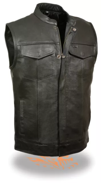 Men's SOA Leather Vest w/ Dual Inside Gun Pockets, 1 Panel Back for Club Patches