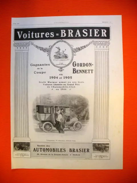 Publicite De Presse Brasier Automobile Coupe Gordon Bennett Victoire Ad 1907