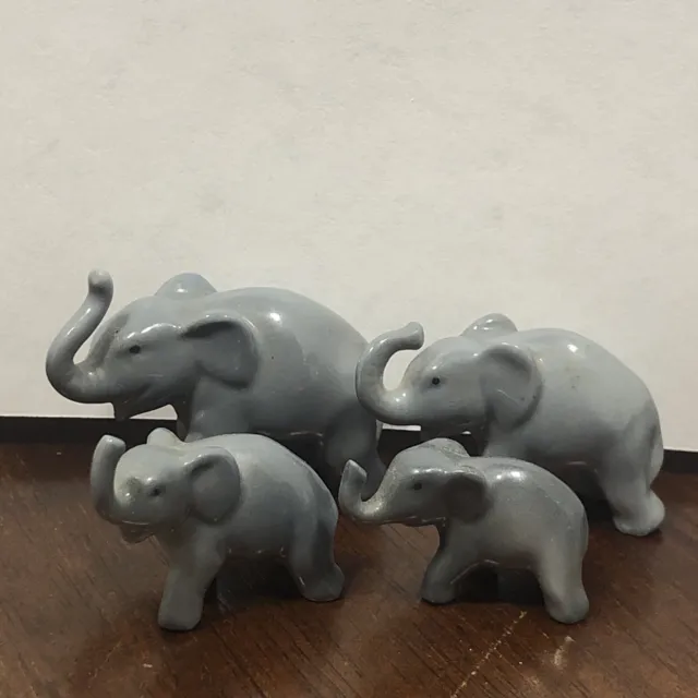Vintage Elephant Family Ceramic Miniature Four Pieces Gray Trunk Up Elephants