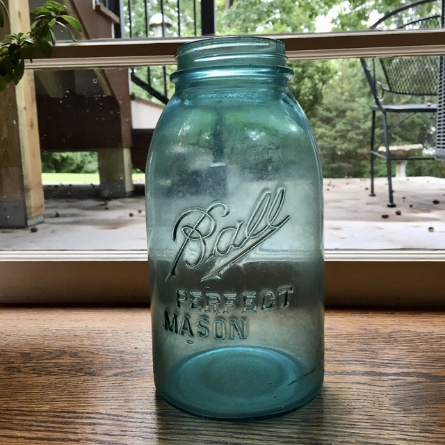 Error Offset Letters Ball Perfect Mason Blue Half Gal Fruit Canning Jar Ca 1915