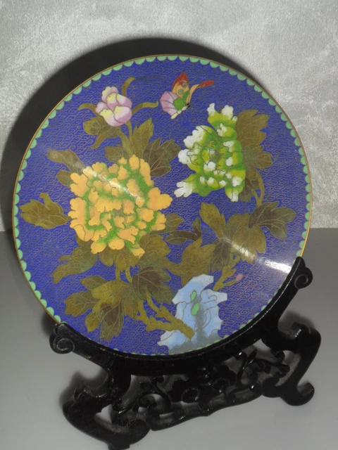 Piatto artistico ornamentali smalto Cloisonne Cina basi in legno XX sec.