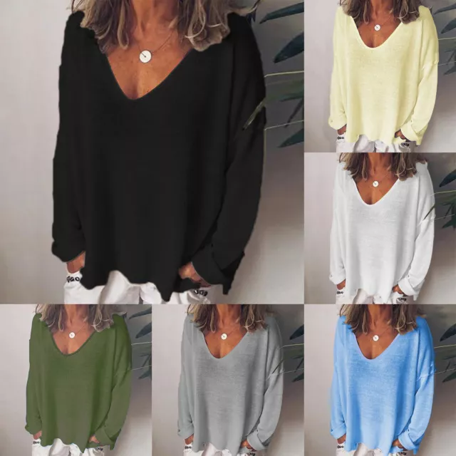 Womens Casual V-Neck Blouse Long Sleeved T-Shirt Lady Solid Loose Plus Size Tops