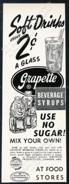 1953 Grapette soda beverage syrup clown elephant bottle art vintage print ad