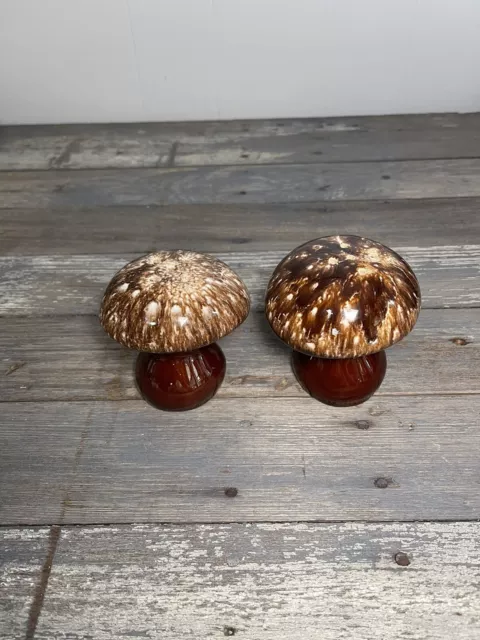 Vintage HULL Large Mushroom Salt & Pepper Shakers Brown Drip Glaze circa 1970's