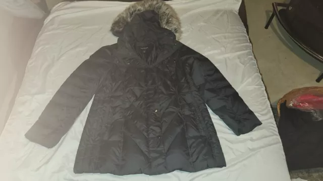 LONDON FOG Womens XL Faux-Fur Trim Hooded Down Puffer Coat Black Quilted