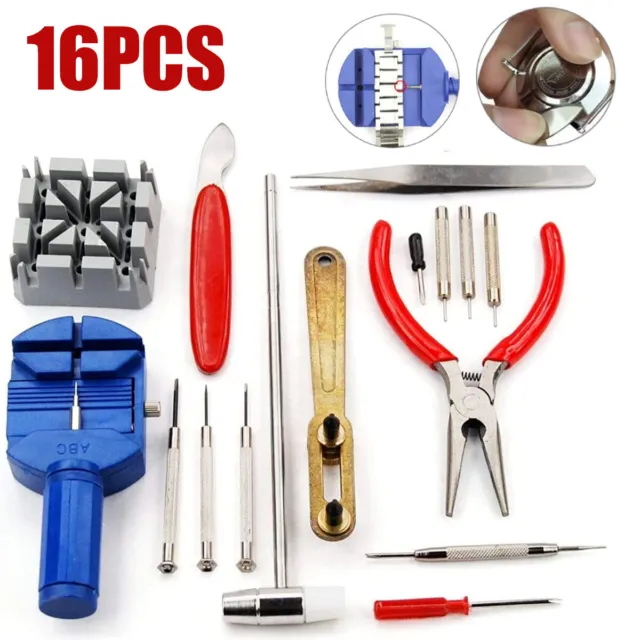 16 Pcs Watch Repair Tool Kit Set Fix Battery Wrist Strap Adjust Pin Back Remover