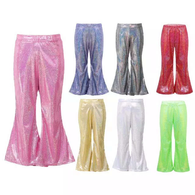 Girls Metallic Trousers Bell Bottom Leggings Pants Sequins High Waist Dancewear