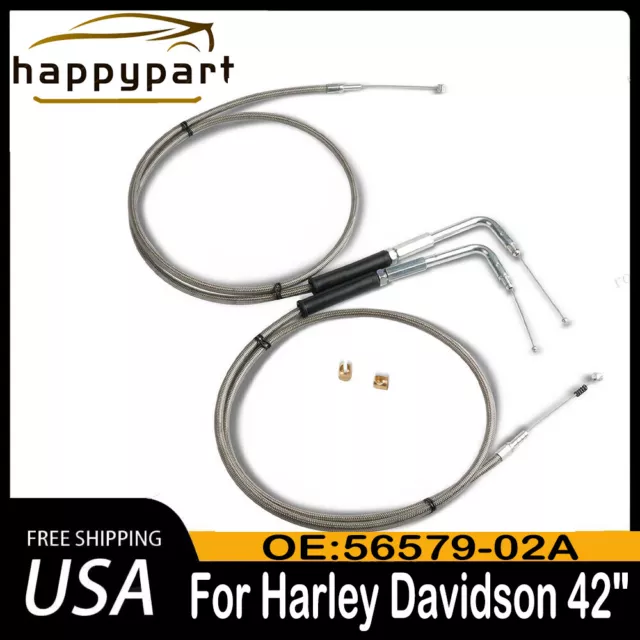 42" Stainless Steel Throttle and Idle Cable Set fits Harley Davidson 56579-02A