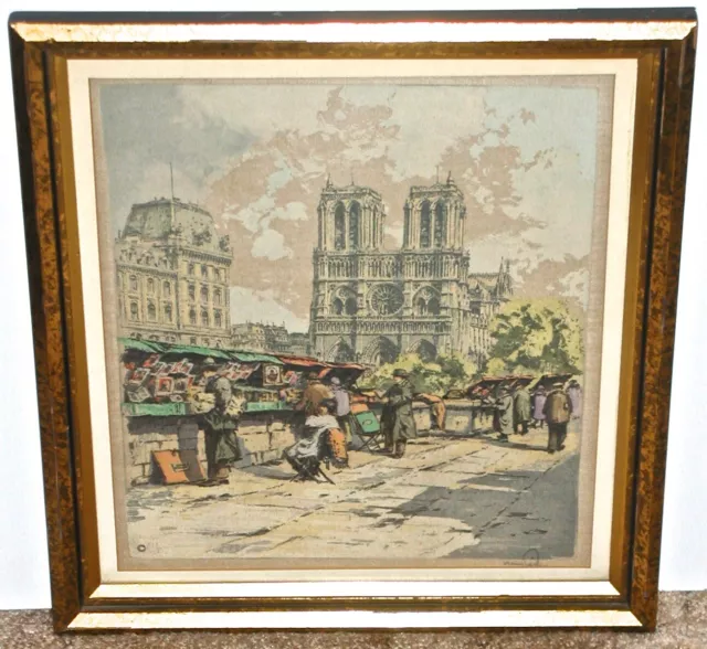 Hans Figura Signed Color Etching on Silk Paris Bookstalls