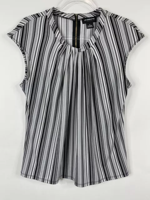 Liz Claiborne Size M Women’s Blouse Black White Striped Cap Sleeve Career Office