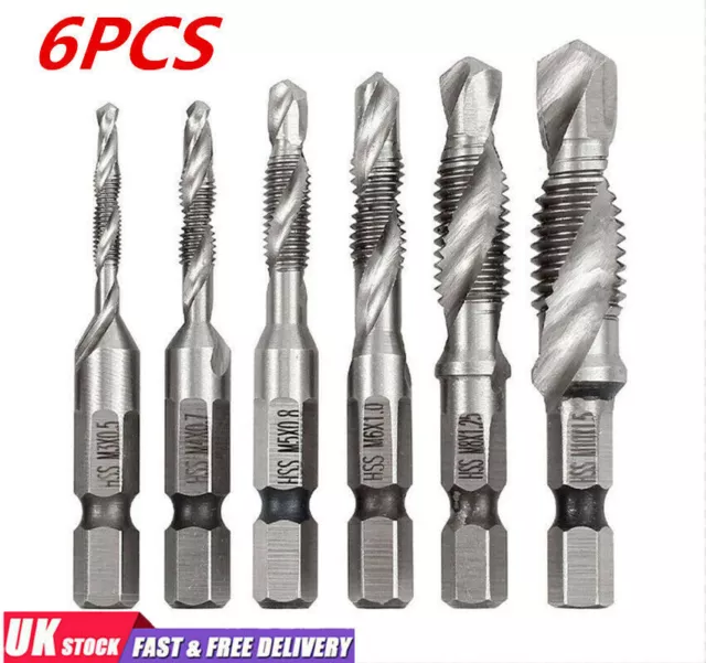 6PCS M3-M10 Drill Spiral Tap Bits HSS 1/4'' Hex Shank Metric Thread Cutter Set