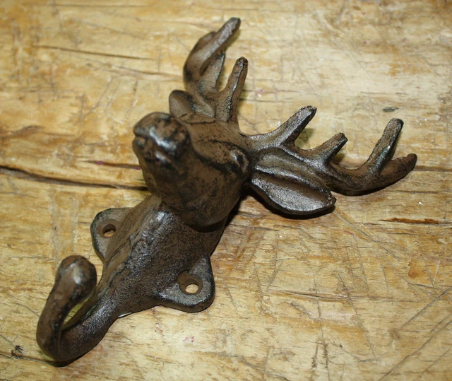 2 Cast Iron DEER Towel Coat Hooks Hat Hook Key Rack Ranch Hunting Camp Decor ELK