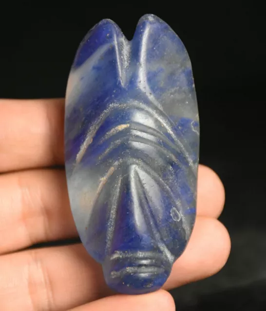 7CM Chinese Hongshan Culture Blue Crystal Carved Cicada Head Pendant H0018