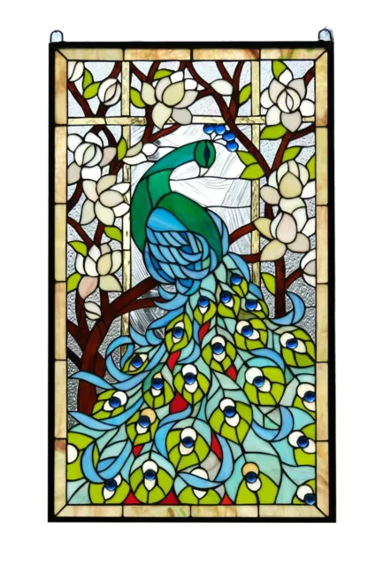 20.5" x 34.75" Large Handcrafted stained glass peacock window panel WL22221