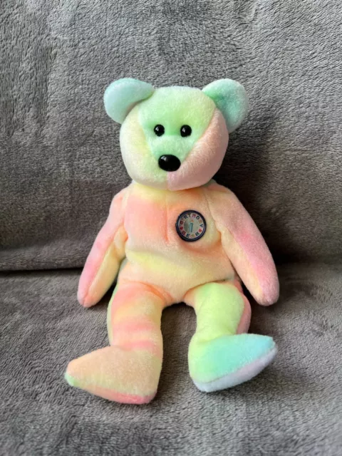 Ty Beanie Baby Bear Birthday BB Bear Rainbow Colour Soft Toy Rare Collectible