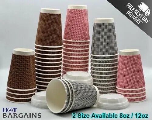 Disposable Coffee Cups 8oz / 12oz with Lids Leak Proof Ripple Cups Chex Design