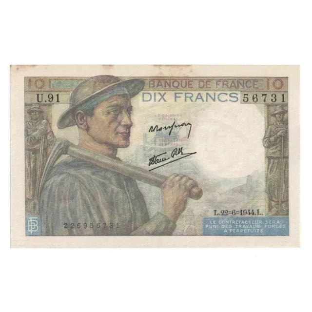 [#649392] France, 10 Francs, Mineur, 1944, 1944-06-22, AU, Fayette:8.12, KM:99,