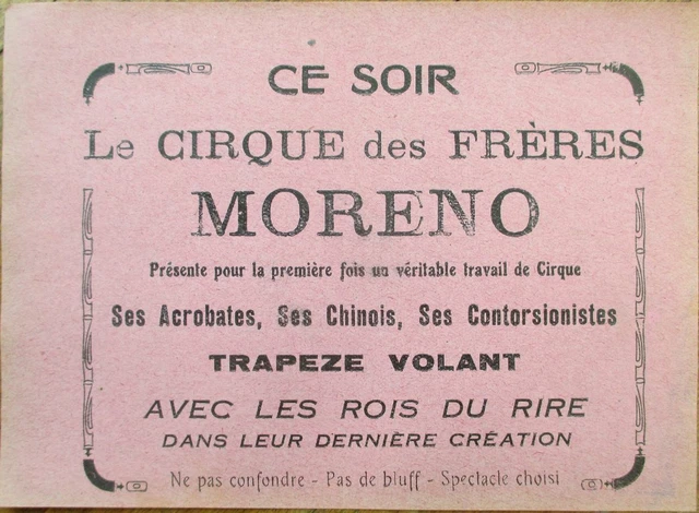 Moreno Bros Circus 1930s French Advertising Item, Trapeze Acrobat Contortionist