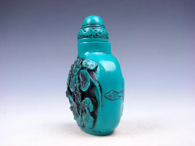 Turquoise Glazed Swimming Goldfishes Flowers Carved Snuff Bottle #03272001 2