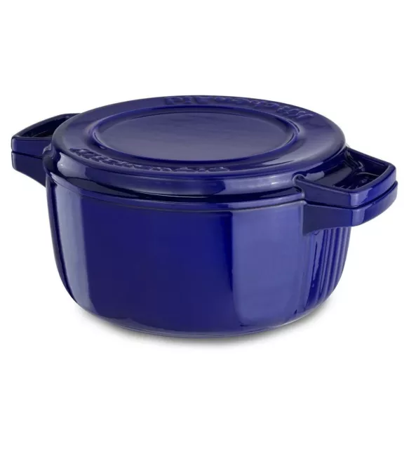 KitchenAid  Pro  Cast Iron 4-Quart Casserole Dish Dual Function Lid Fiesta Blue