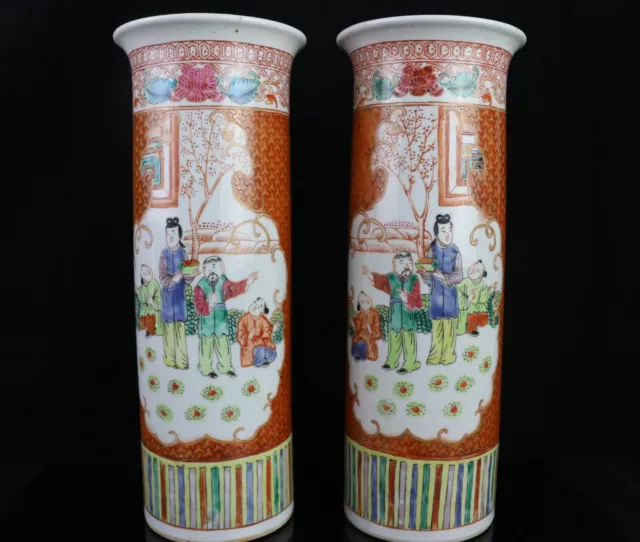 Pair of Antique Chinese Canton Famille Rose Tube Vases