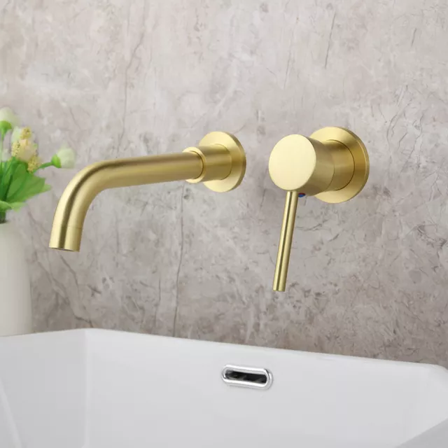 Brushed Gold Bathroom Sink Faucet Swivel Basin Mixer Brass Tap 2 Hole Wall Mount