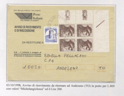STORIA POSTALE castelli bobina AVVISO RICEVIMENTO 1998 CIB_117 
