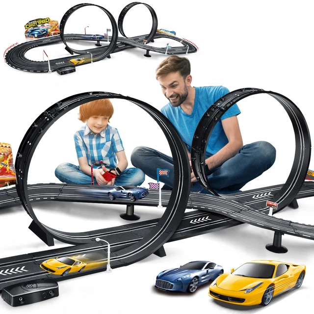 Pista De Coches Con 4 Loopings, Luces Y Sonido – Set De Carreras Para Niños Con 2 Coches, 30 Piezas Modulares, 5 Configuraciones, Regalo Creativo Para Mayores De 3 Años