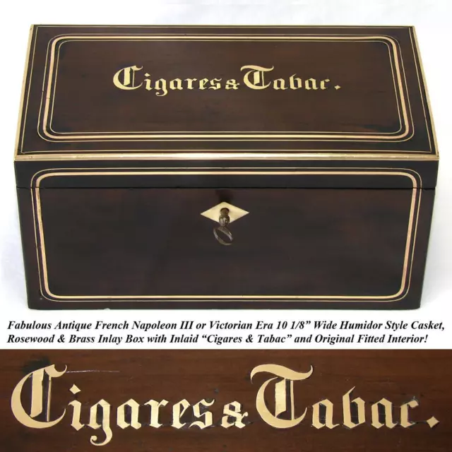 Antique French Napoleon III Era 10" Tobacco & Cigars Box, Casket: Walnut & Brass 2