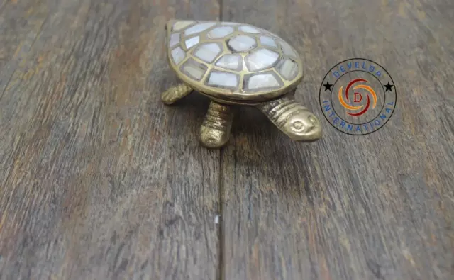 Decorative Tortoise Solid Brass Turtle Mother Pearl Lidded Hinge Ashtray Trinket 2