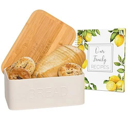 Bread Box for Kitchen Countertop & DIY Recipe Book - White Farmhouse Bread Keepe