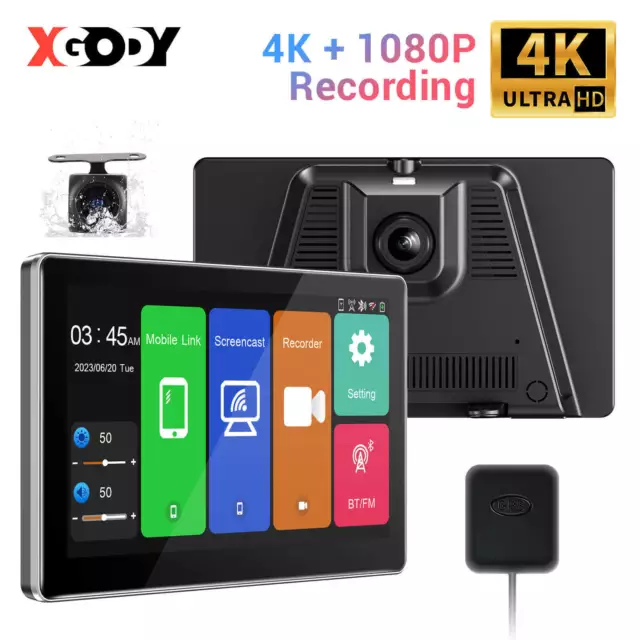 XGODY 4K 7"Zoll DashCam Wireless CarPlay GPS WiFi TouchScreen Auto-Videorecorder