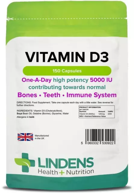 Vitamin D3 5000IU High Strength 150 Soft Gel Capsules Immune Health Lindens
