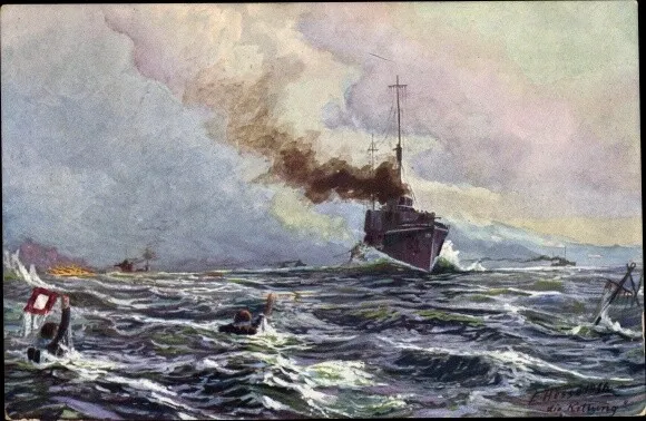 Künstler Ak Skagerrak, Nach der Schlacht, Rettung durch Torpedoboote - 10535543
