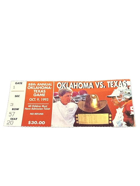 1993 Oklahoma Sooners Texas Longhorns Ticket Stub Cotton Bowl Gibbs Mackovic