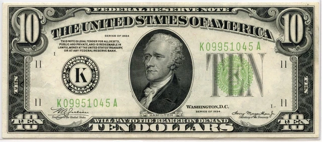 1934 $10 Federal Reserve Note AU/CU FR#2004, Light Green Seal, Dallas