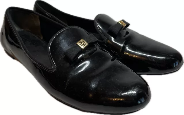 TORY BURCH Black Patent Leather Loafers Flats Bow 8.5 size