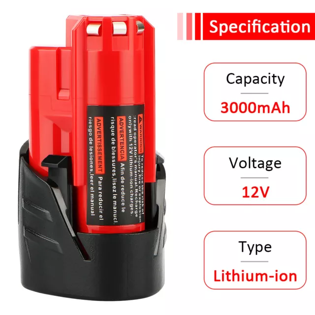 12V 3A 6.0A 9A Li-Ion Battery for Milwaukee M12B6 M12 XC 48-11-2401 2402 Charger 3