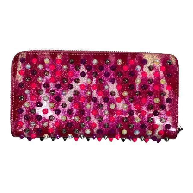Christian Louboutin Wallet Zip Around Pink Pvc Leather Spike Studs Made in Italy