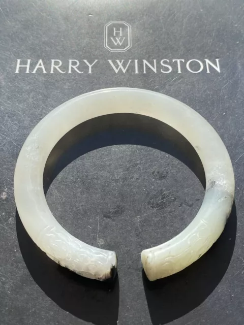 Superb Chinese Hand Carved Translucent White Hetian Jade Bangle Qing Dynasty