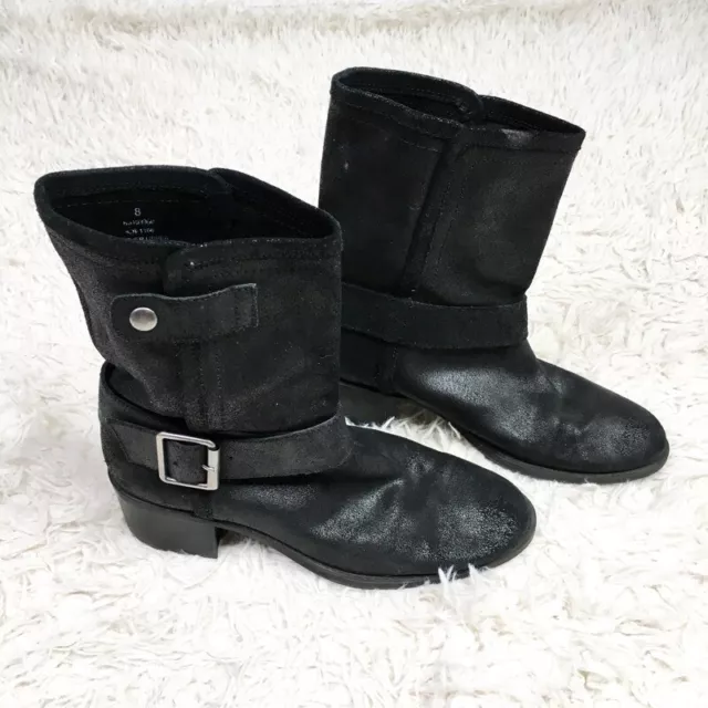 Dknyc Womens Motorcycle Boots Black Leather Almond Toe Ankle Low Zip Straps 8