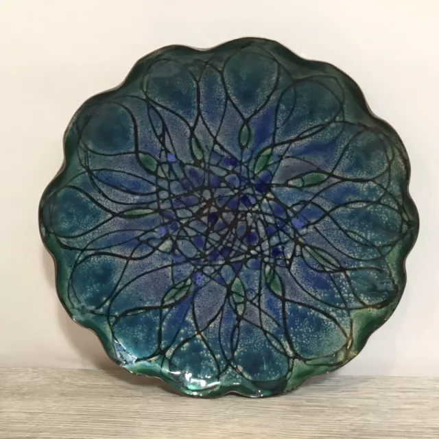 Stunning Blue Enamel On Copper Large Crimped Edge Plate Shallow Bowl 24.5cm