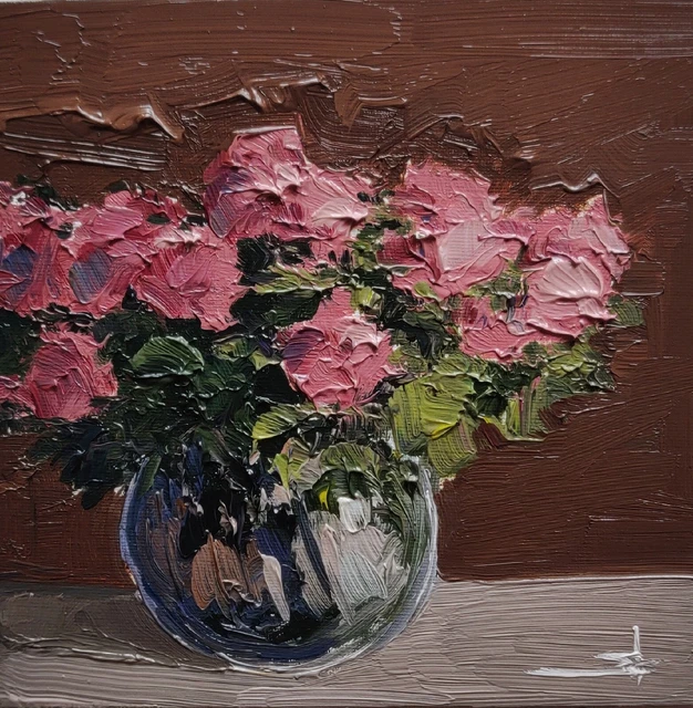 PINK FLOWERS OIL Painting Vivek Mandalia Impressionism 8X8 Signed