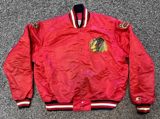 Vintage Center Ice Starter Chicago Blackhawks Satin Bomber Jacket Size XL