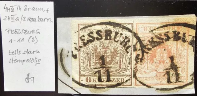 ÖSTERREICH 1850 2-Farb-Frankatur, braun-rosakarmin 6+3kr HP, Type III, PRESSBURG