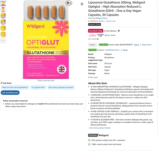 Wellgard Optiglut Liposomal Glutathione 200mg High Absorption Reduced L- Glutathione (GSH) One Capsule Daily, Vegan 30 Capsules Magnesium Glycinate Wellgard Optiglut Liposomal Glutathione 200mg High Absorption Reduced L- Glutathione (GSH) One Capsule Daily, Vegan 30 Capsules Magnesium Glycinate