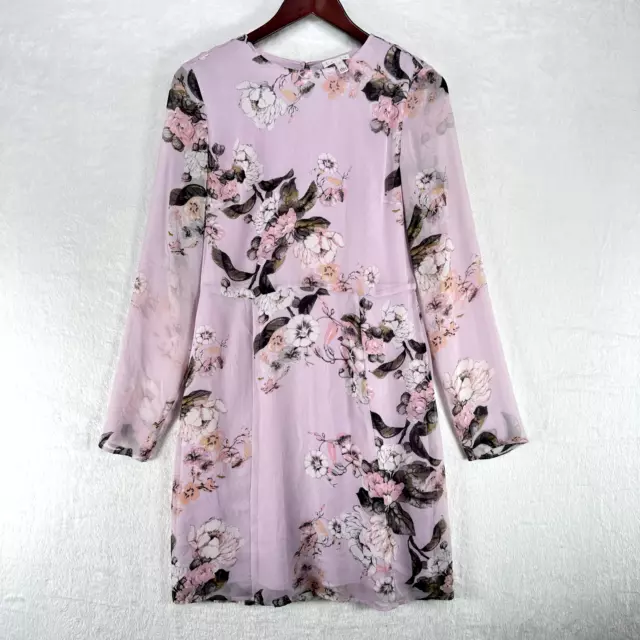 Leith Dress Womens Medium Pink Floral Chiffon Layered Sheer Mini Long Sleeve