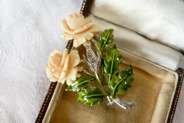 Vintage Enamel Marcasite Rose Flower Brooch Pin