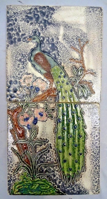 Tile Peacock On Tree Majolica Art Nouveau Circa India Gwalior Collectible#316