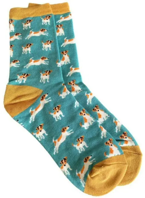 Jack Russell Socks Ladies Green Yellow Bamboo Cotton Dog Print Shoe Size 4 - 7